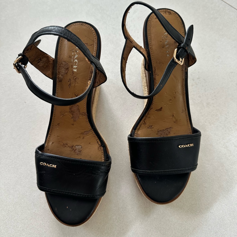 Coach Black Leather Wedge Sandal with Ankle Straps Size 8.5